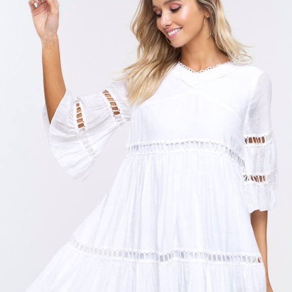 Boho white Lace insert flounce sleeve Mini dress - Picture 4 of 4